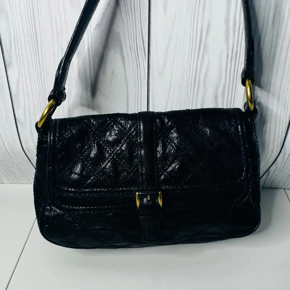 Antonio Melani Black Gold Quilted Leather Purse Handbag Shoulder Bag Y2K